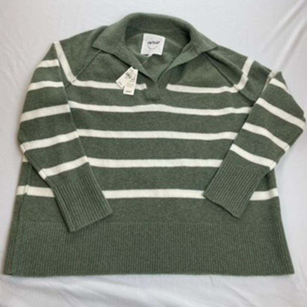 Aerie unREAL Striped Polo Sweater Olive Sage Green White Collared NWT XS